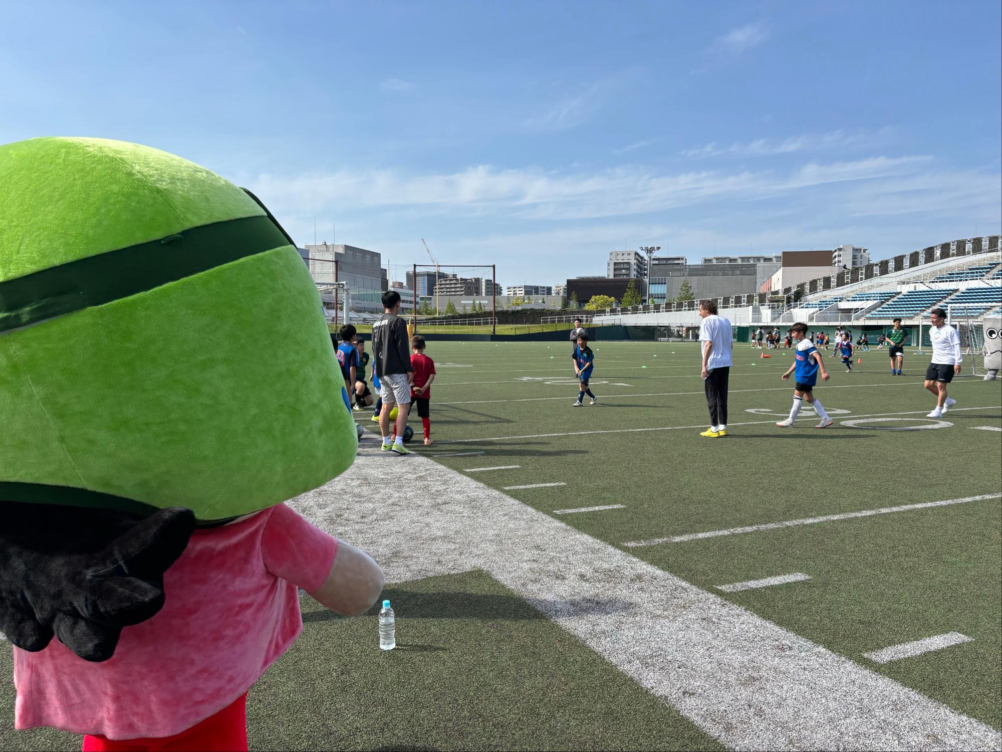 サッカーの様子を見守るこぶんたの写真