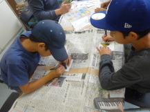クリアファイルに昆虫の絵をトレースしている二人の小学生