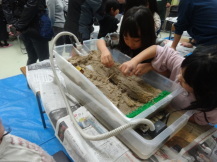 真剣な表情で水が流れる実験をする小学生