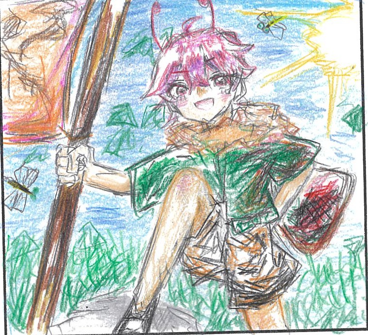 暑そうな自然の中、虫を取ろうとしている人のイラスト