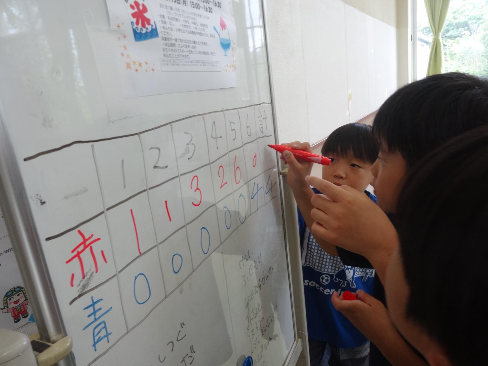 得点表に書きこみ、自分のチームが勝って喜んでいる写真