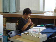 1人の男の子が机に置いた楽譜を確認しながら片手に持ったハンドベルで練習する様子を撮影している写真