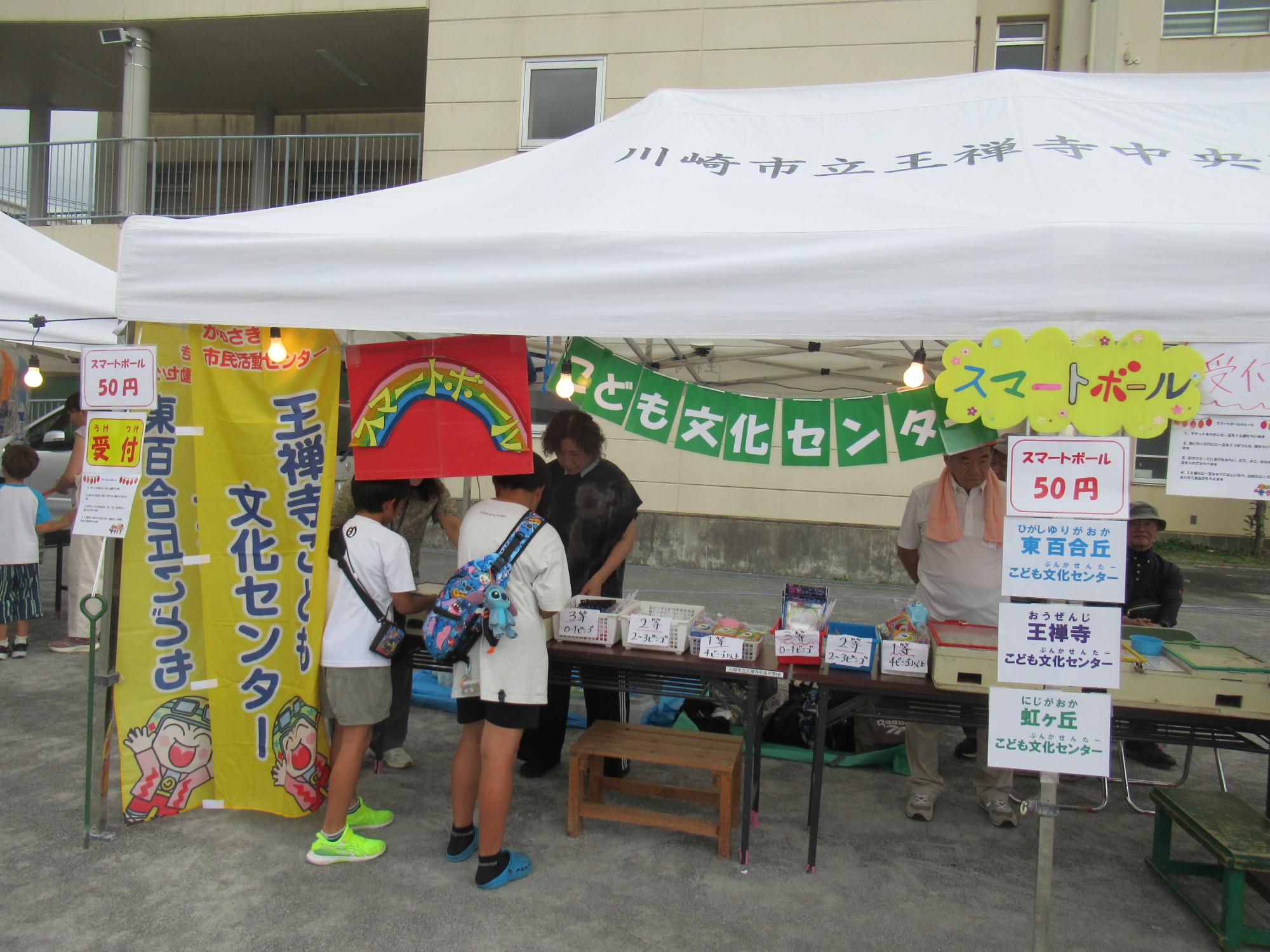 スマートボールのブースと小学生の写真