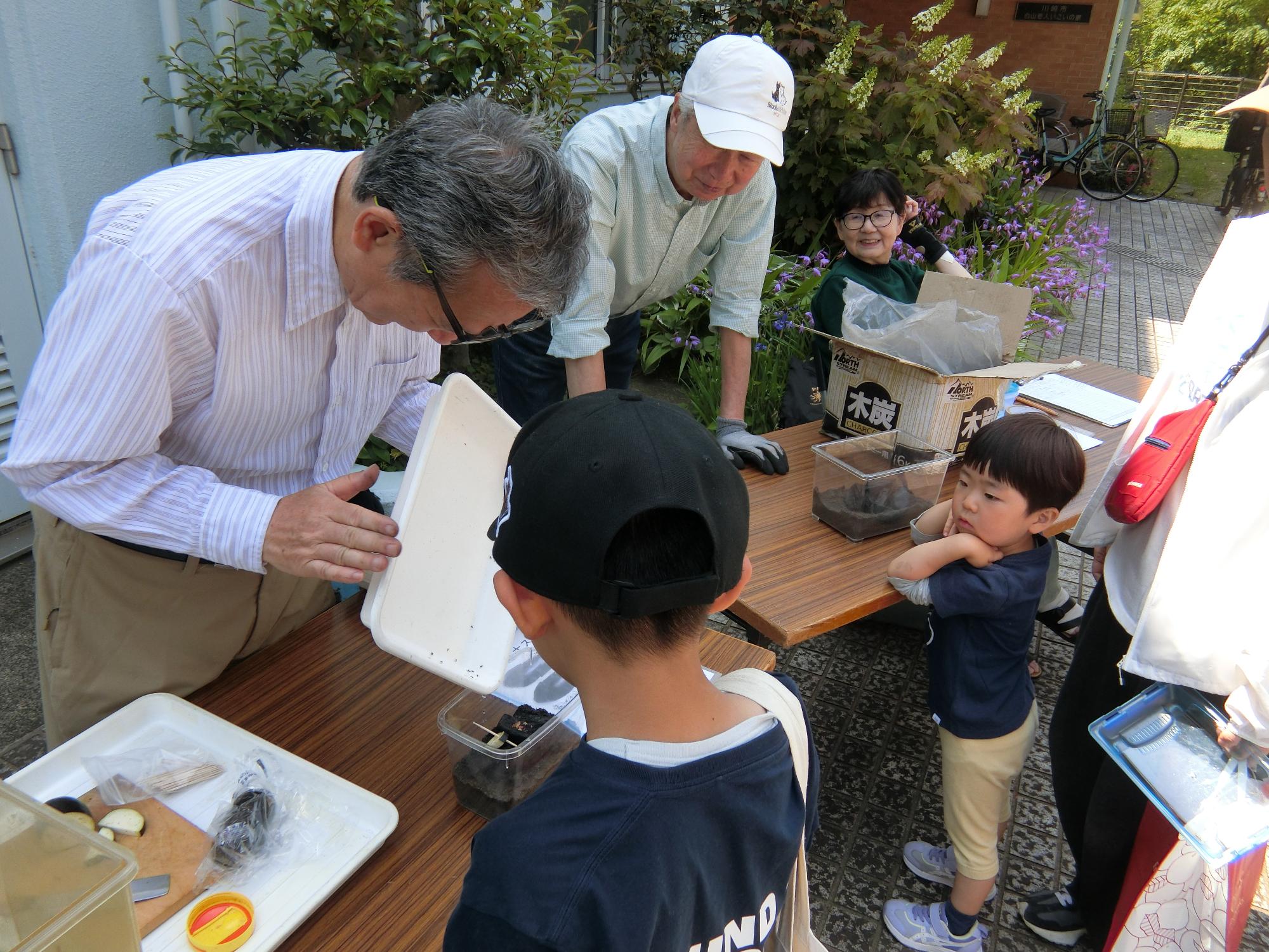 鈴虫の幼虫をもらっている様子