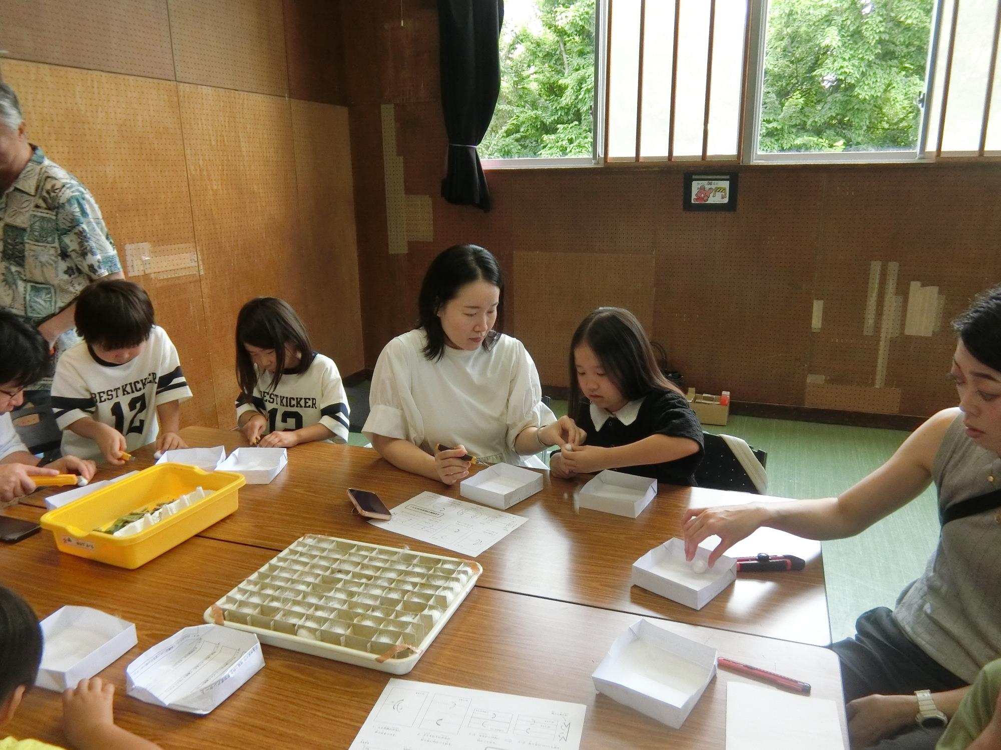 カイコの繭を観察している様子