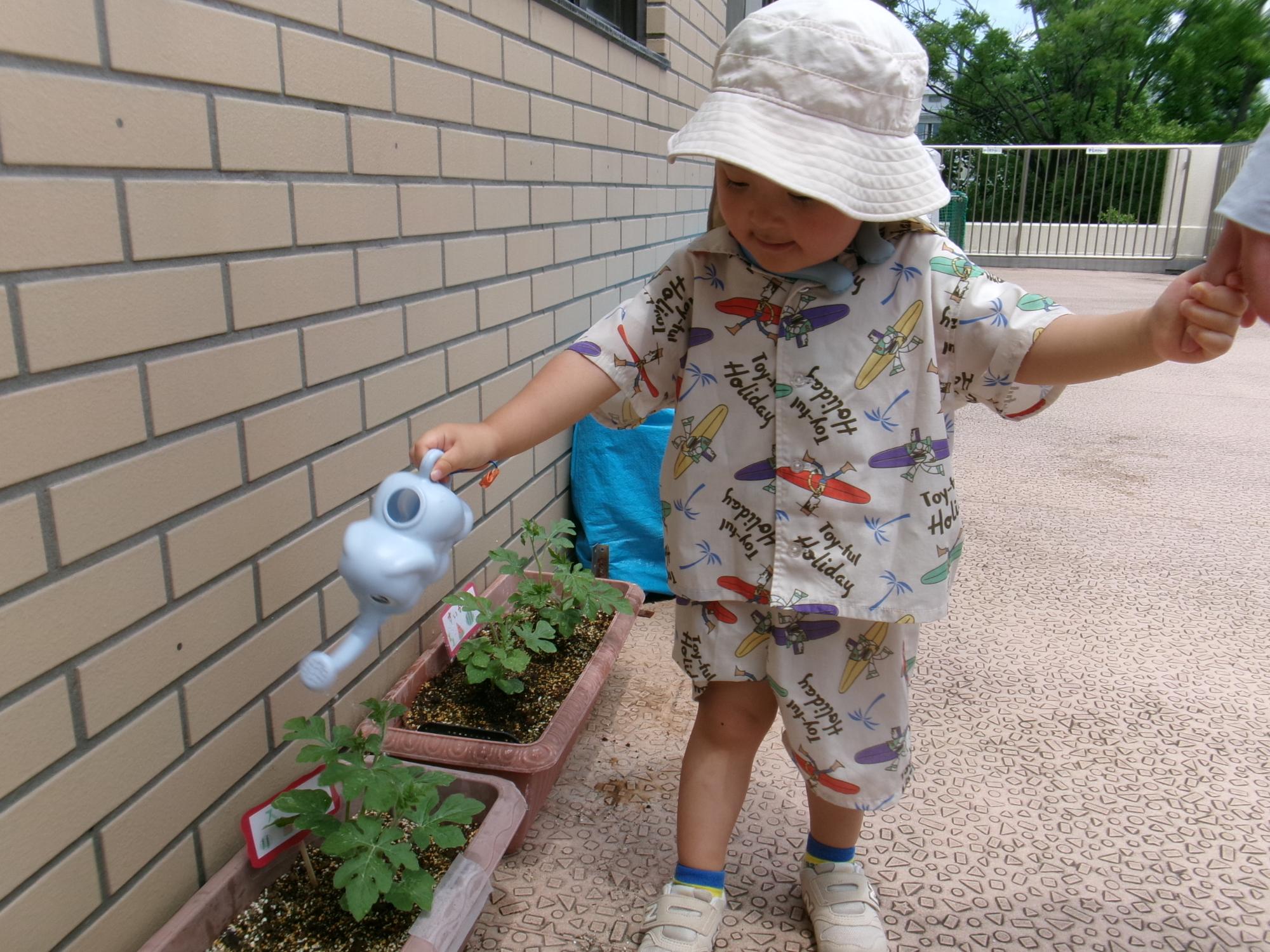 幼児親子がこども文化センターの植木に水をやっている様子の写真