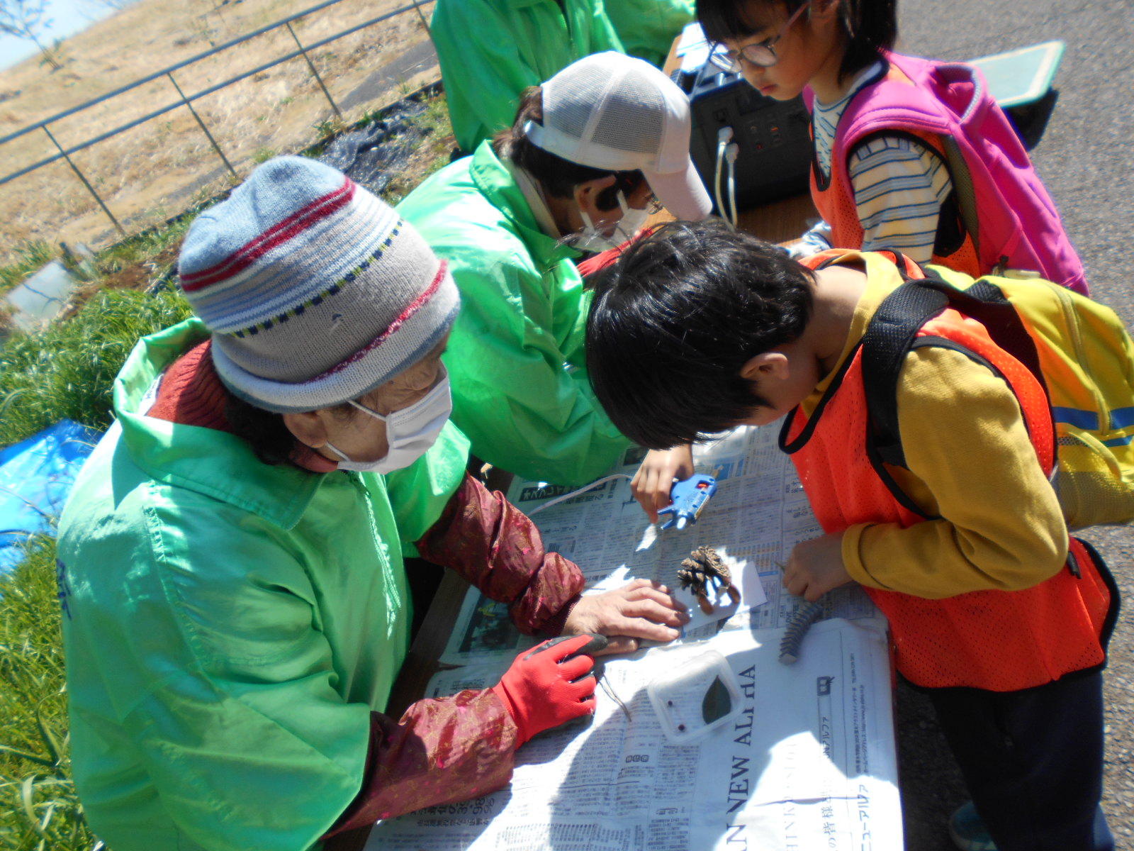 どんぐりやまつぼっくりを使った工作をしている小学生の様子