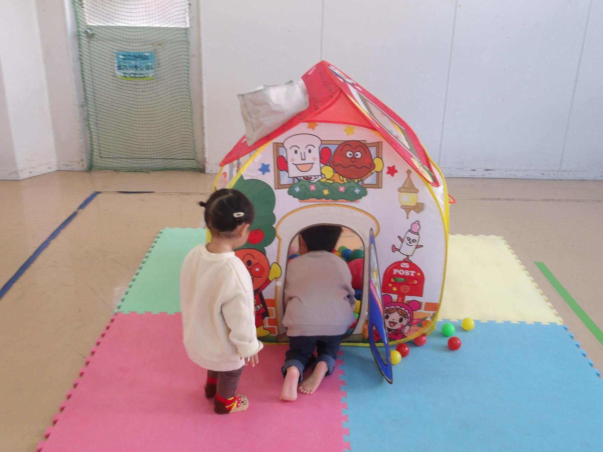 大きな家のテントに入っている様子