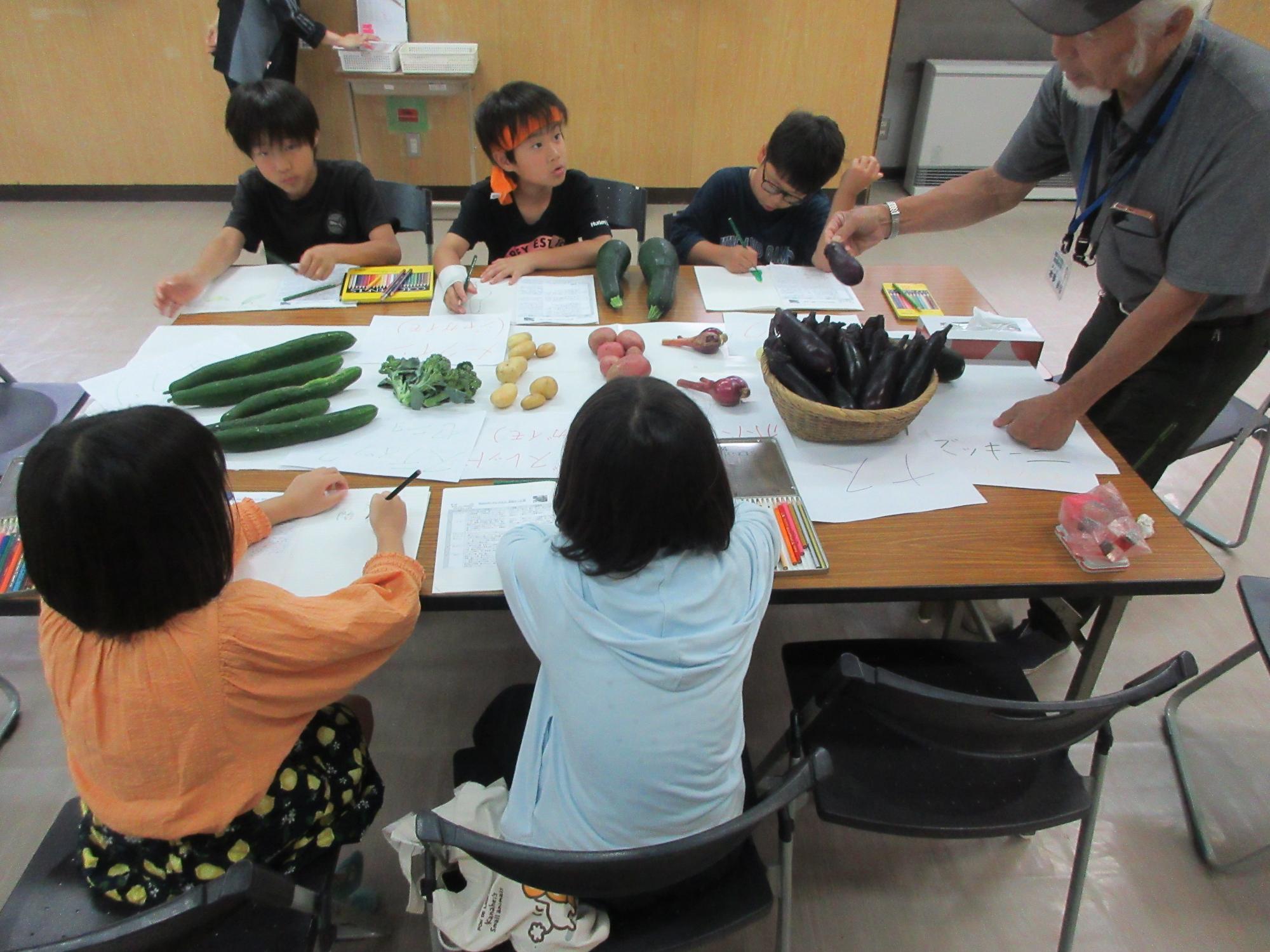 児童たちが野菜のデッサンをする様子
