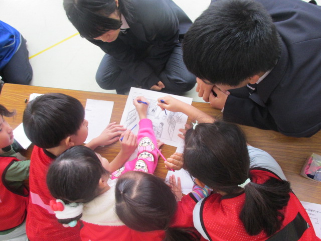 部屋の中を描いた絵を見ながら災害時に気を付けることを話し合っている子どもたちの写真