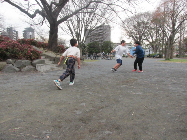 しっぽとりをして遊んでいる写真