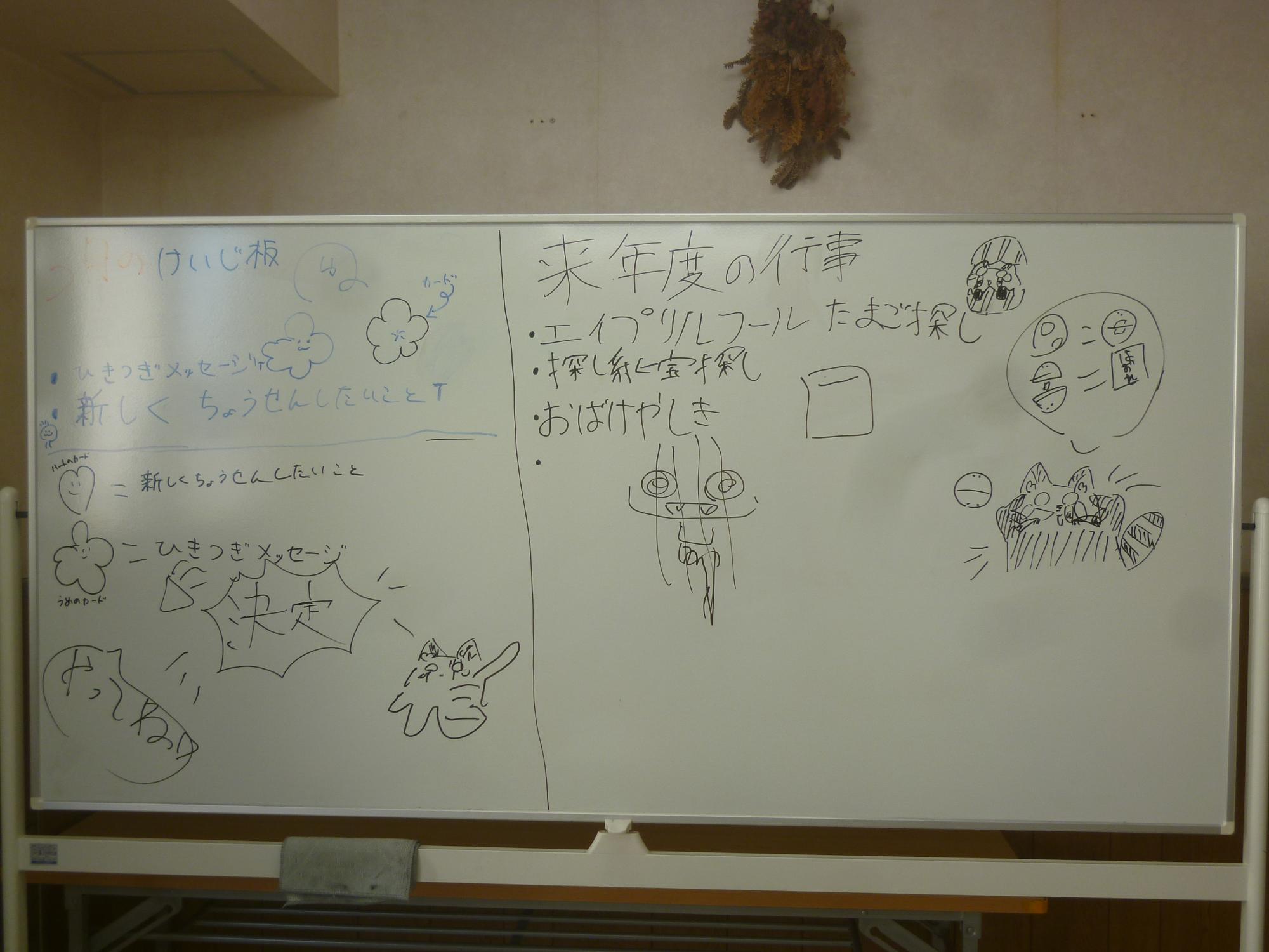 来年度の掲示板遊びについて話し合った際の板書が書かれたホワイトボードの写真