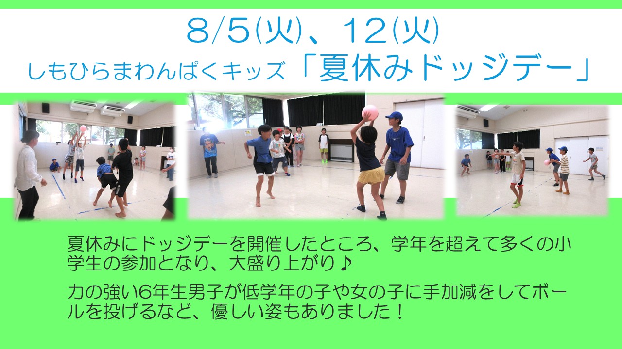 下平間こ文の夏休みドッジデーの様子。学年や性別を超えてみんなで楽しみました