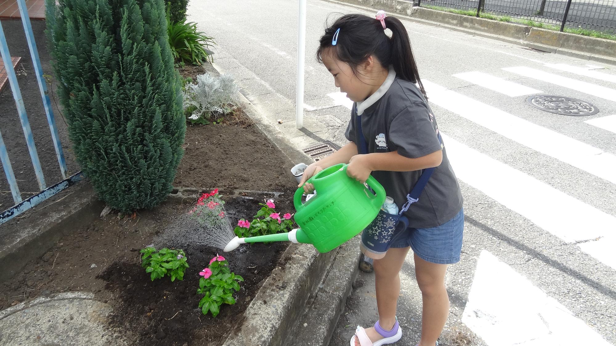 子どもが庭の花植えをし、水をあげる様子