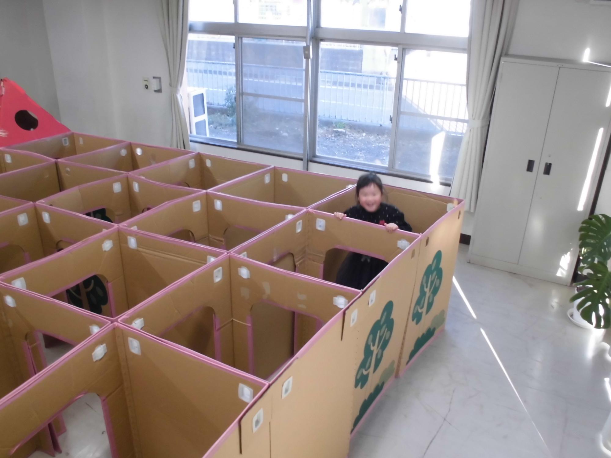 幼児がめいろの途中で顔を出している様子