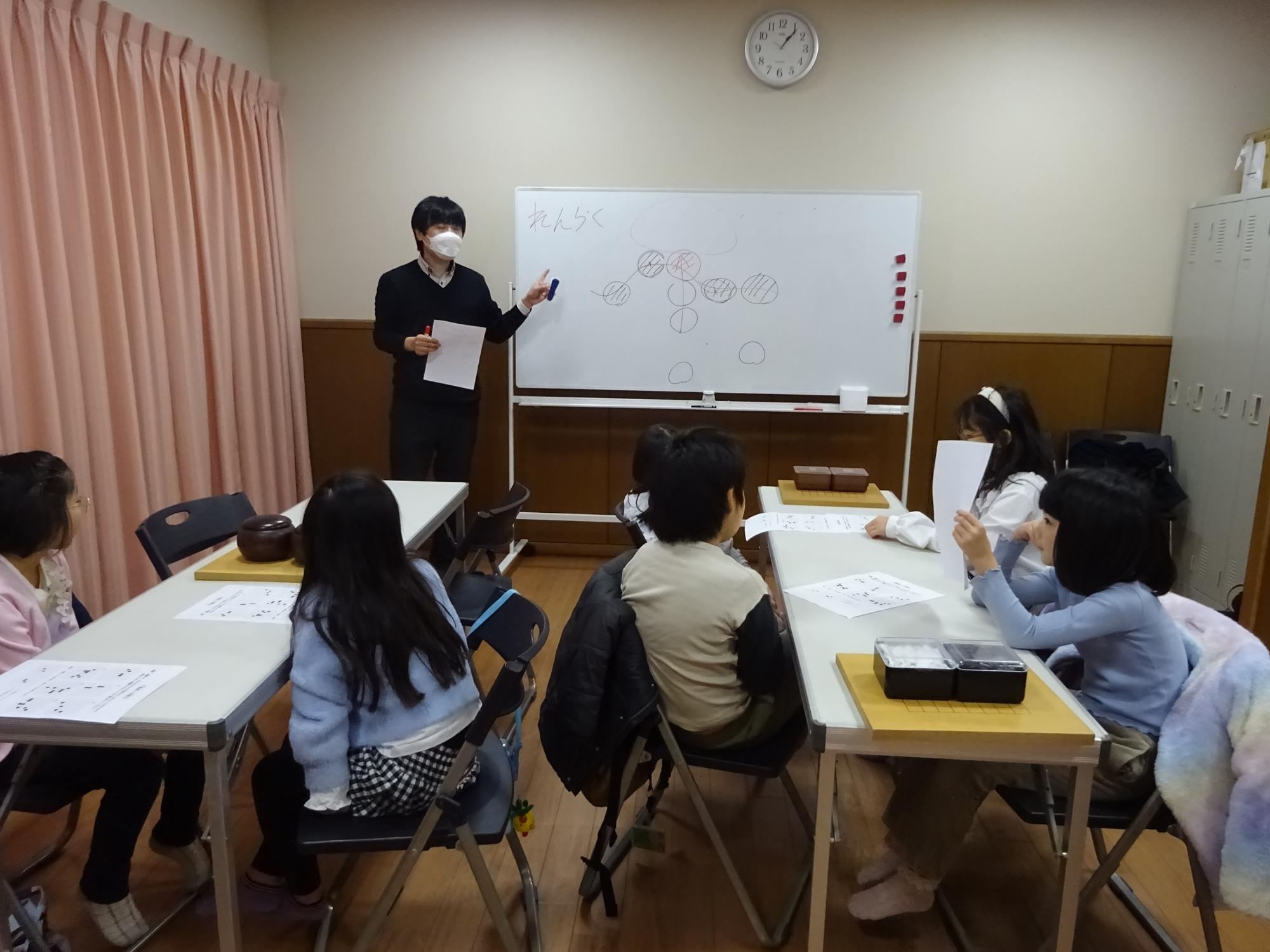 囲碁クラブで先生の話をしている様子