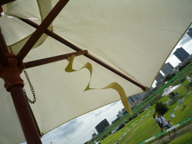 ぐるぐるへびのお手本が風でぐるぐるしている写真