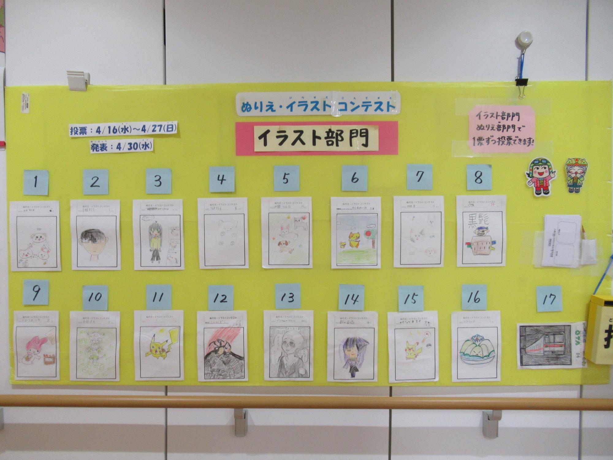 ぬりえイラストコンテストに応募されたイラスト17作品が掲示されているボードの写真
