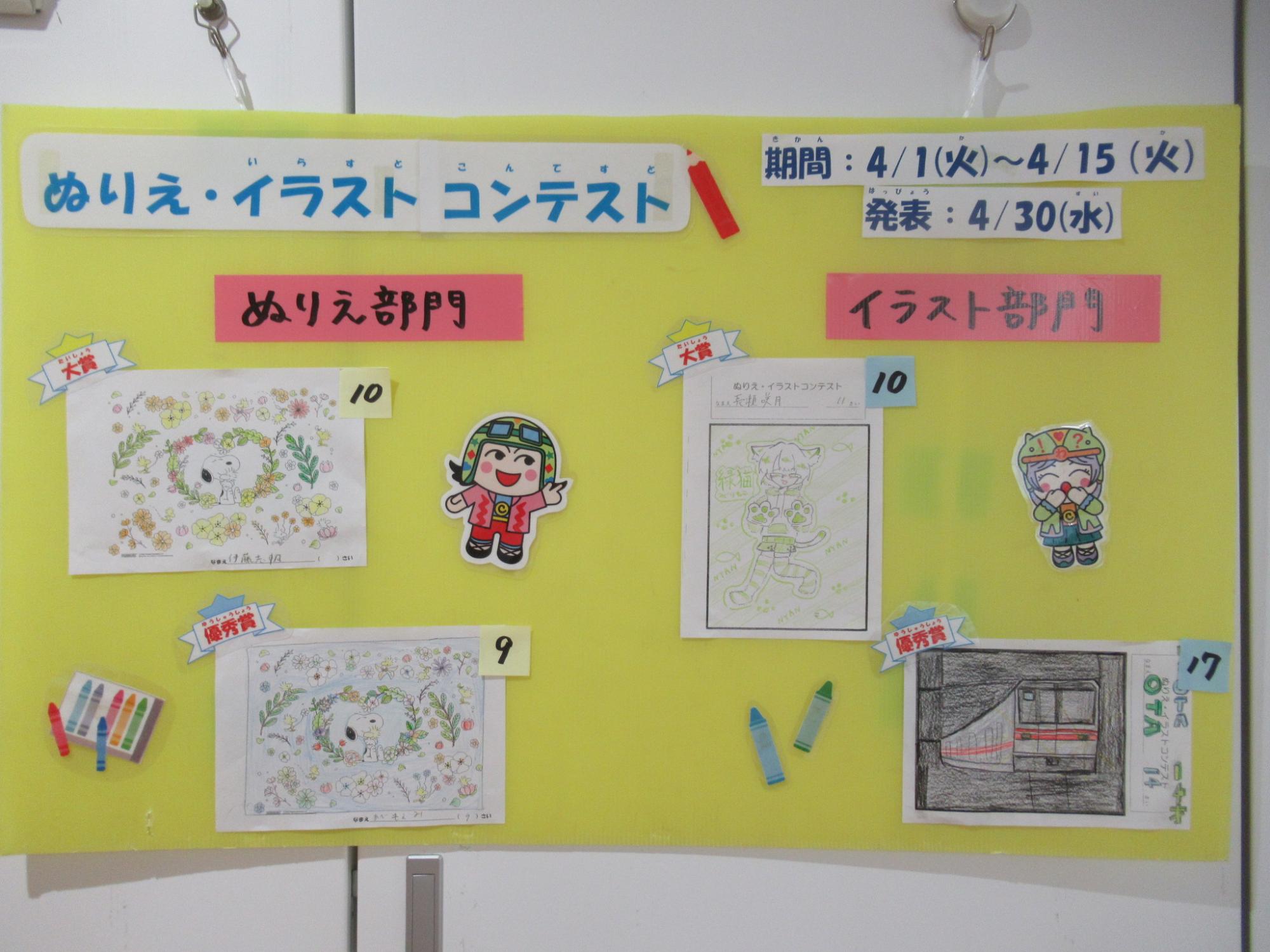 ぬりえイラストコンテストの受賞作品が掲示されたボードの写真