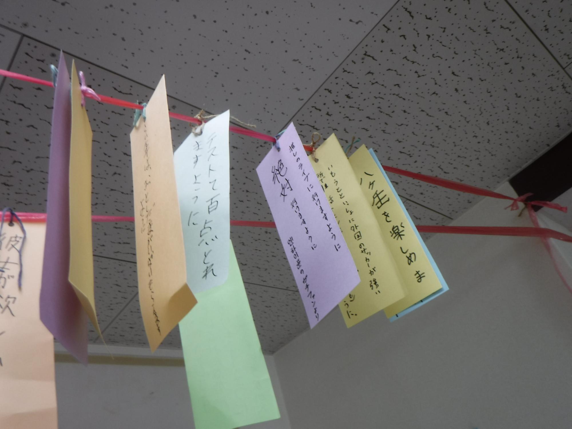 テストで100点がとれますように、推しのライブに行けますようになど思い思いに書き綴られた短冊の写真