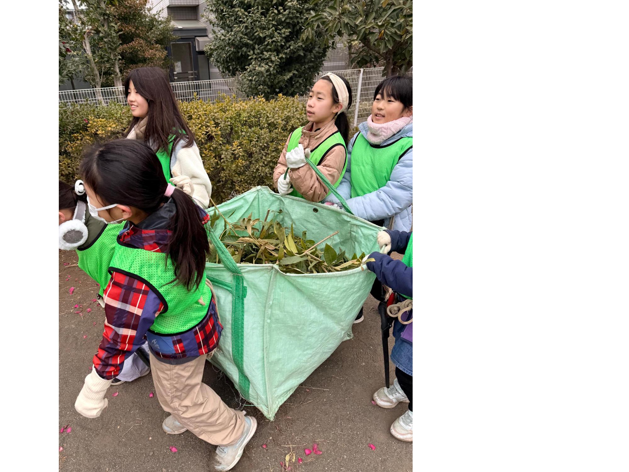 切った枝がいっぱい入った緑色の四角い袋を子ども5人で運んでいるところ