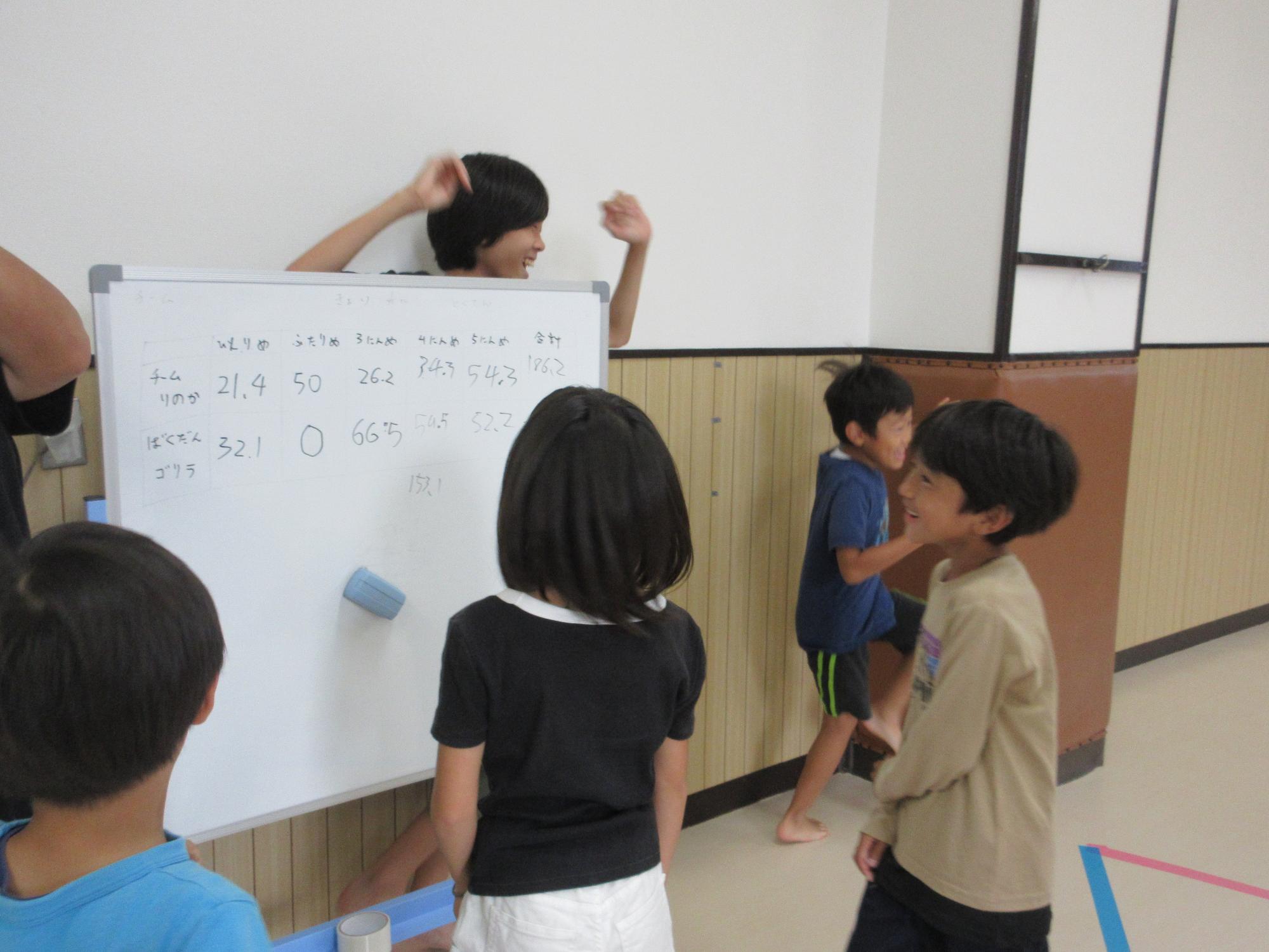 シッティング砲丸投げの記録を確認する子どもたち