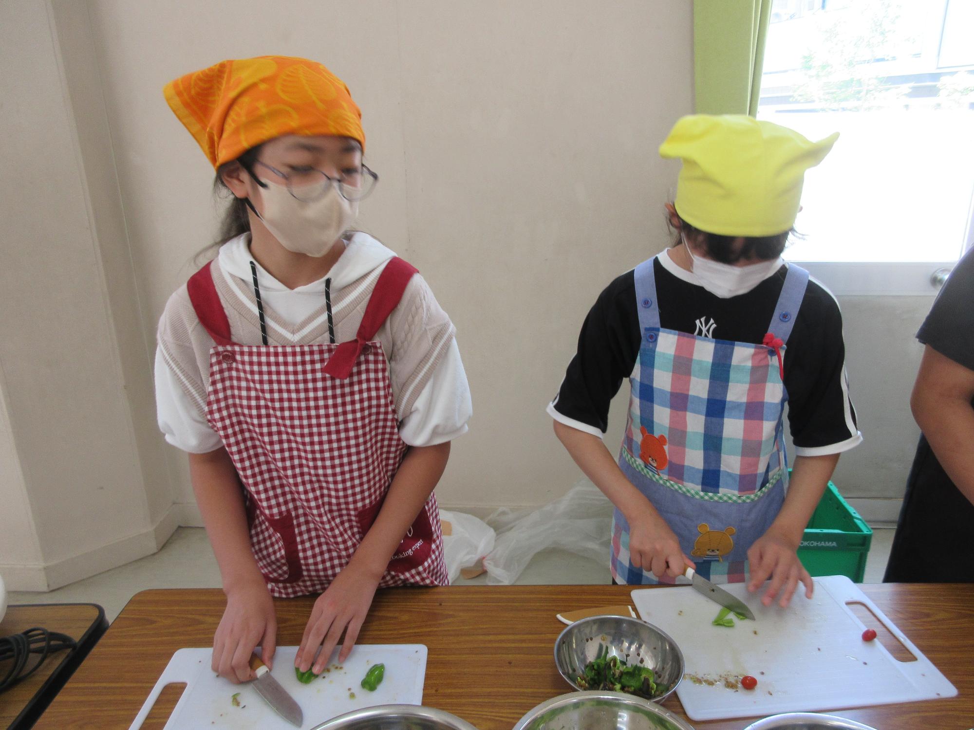 菜園でとれた野菜を切っている子どもたちの様子の写真
