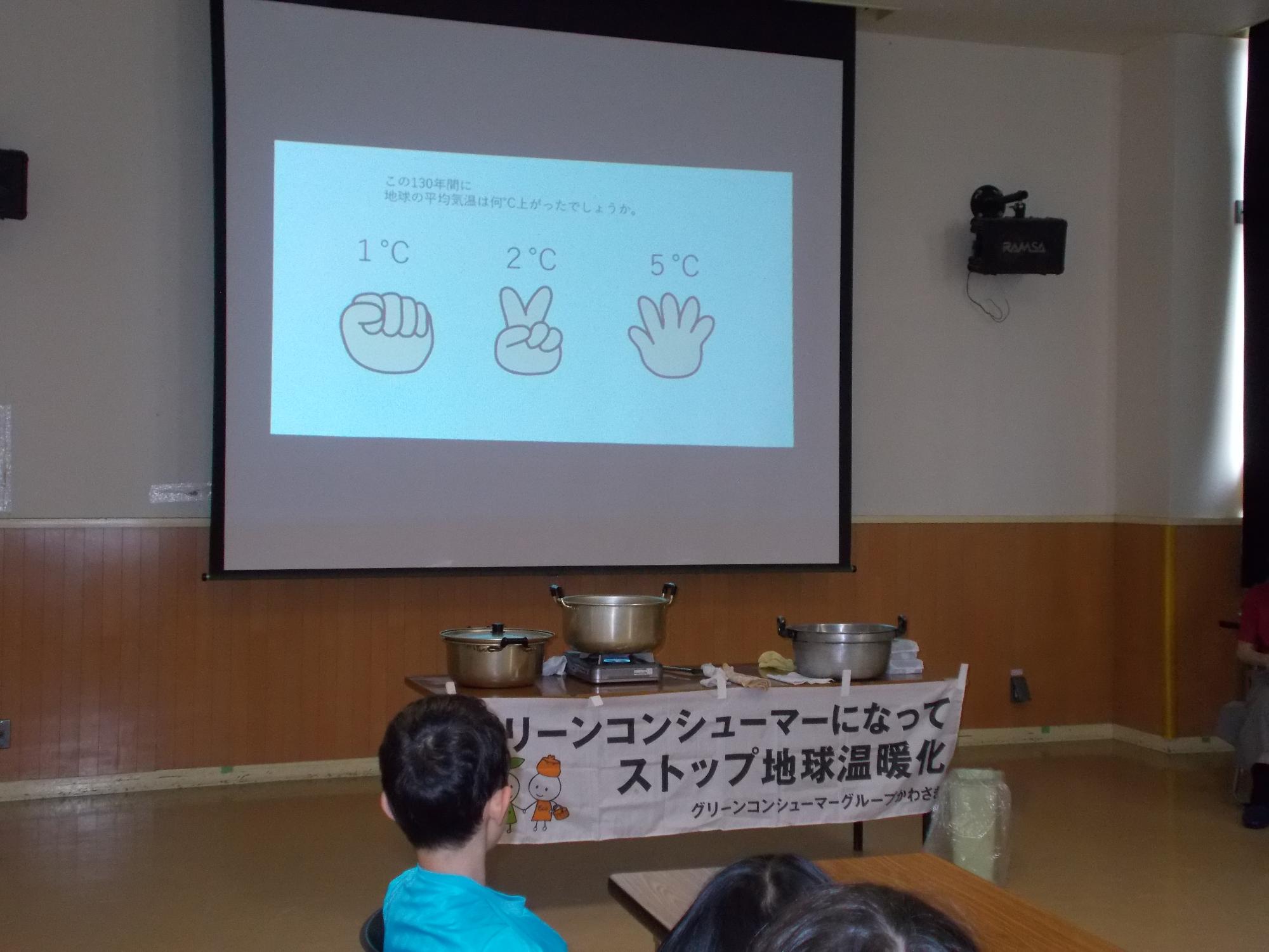 地球温暖化についての講義を聞いている写真