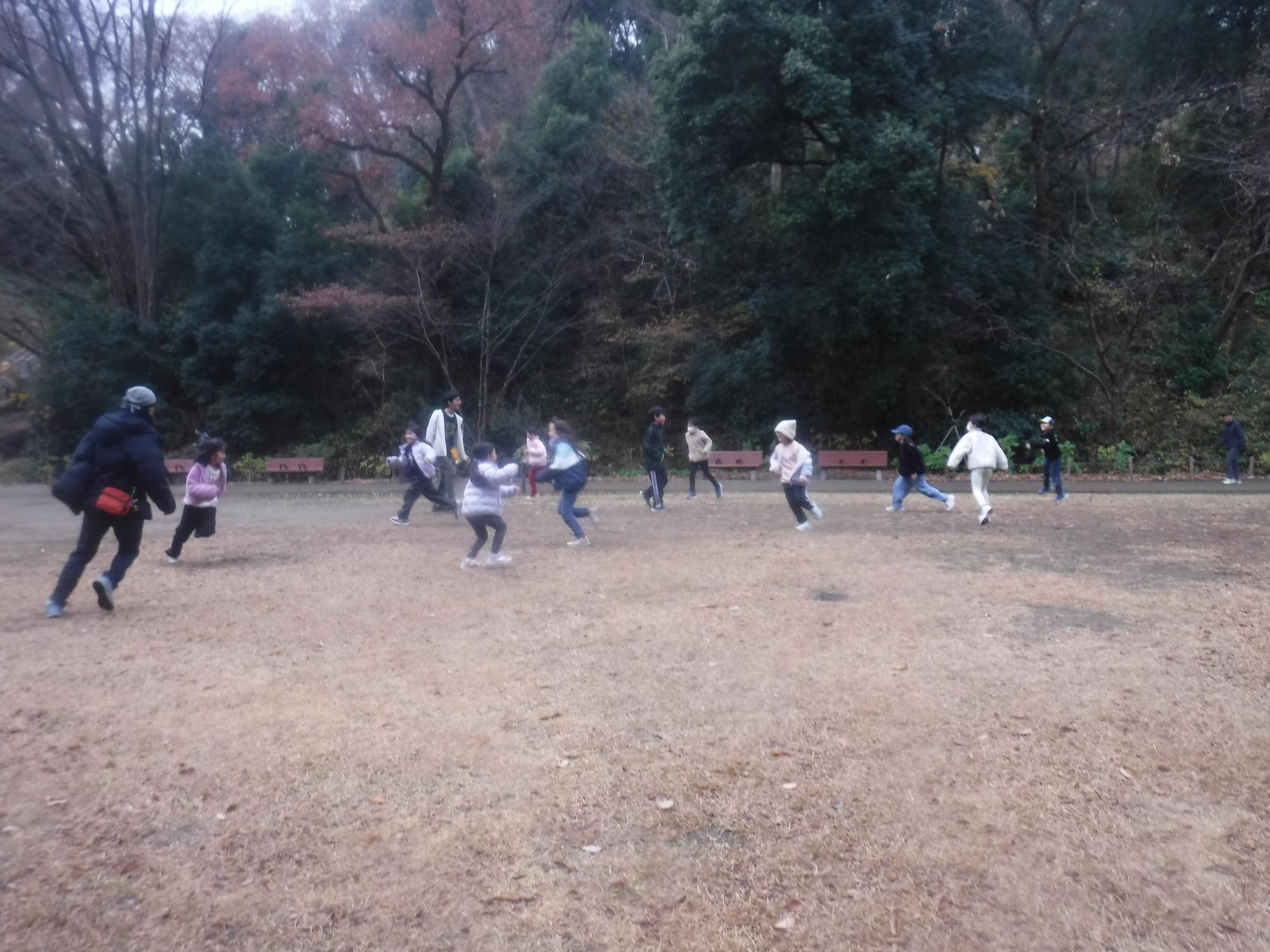 芝生で鬼ごっこをしている
