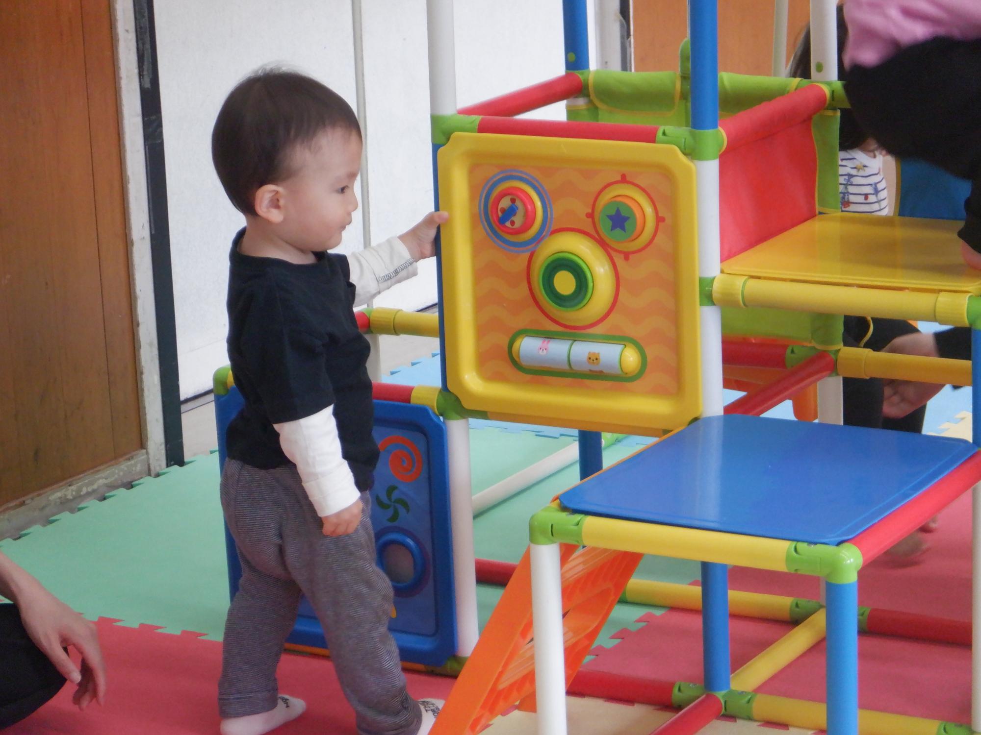 ジャングルジムに興味深々の幼児