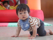 遊具の外をハイハイで歩く乳幼児を撮影した写真