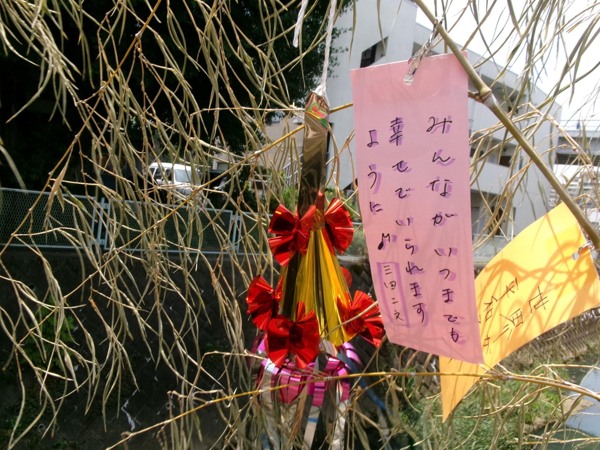「みんながいつまでも幸せでいられますように♪」と書かれた三田こども文化センターのお願いごとの短冊の写真