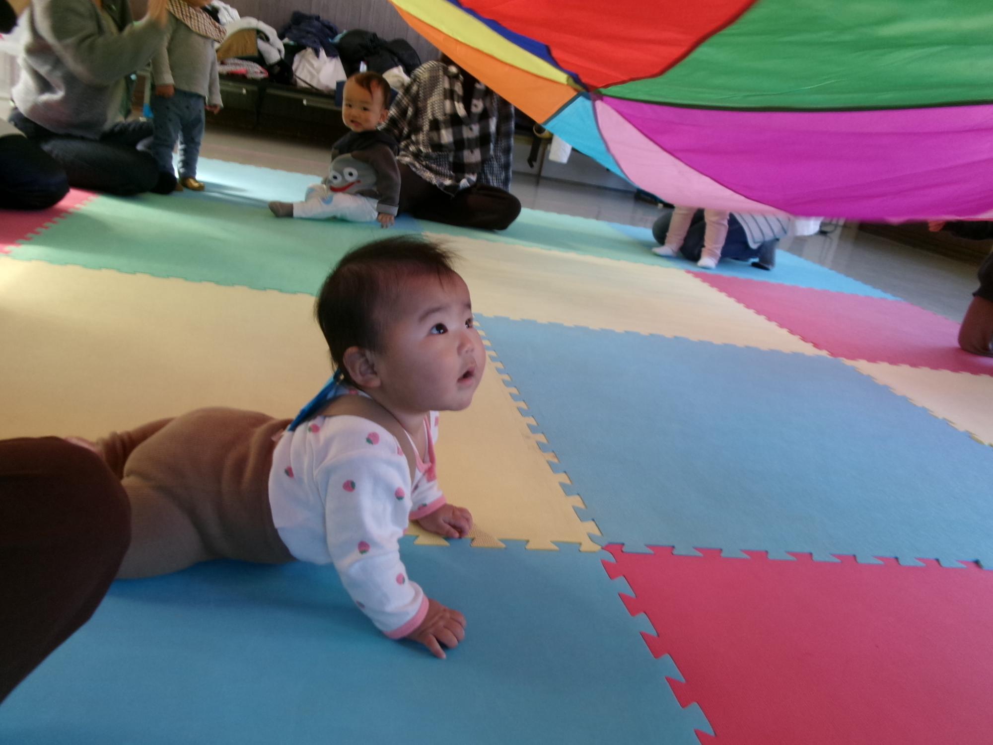 広げたパラバルーンの中に乳幼児が入って遊んでいる様子の写真