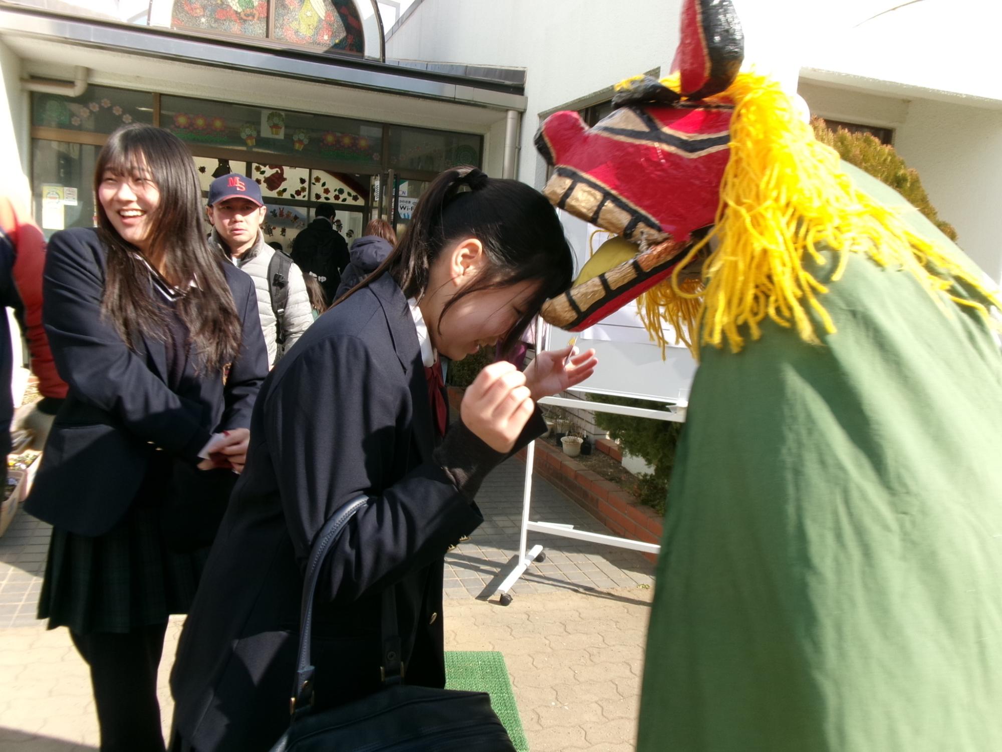 獅子舞に頭を噛まれている中学生の写真