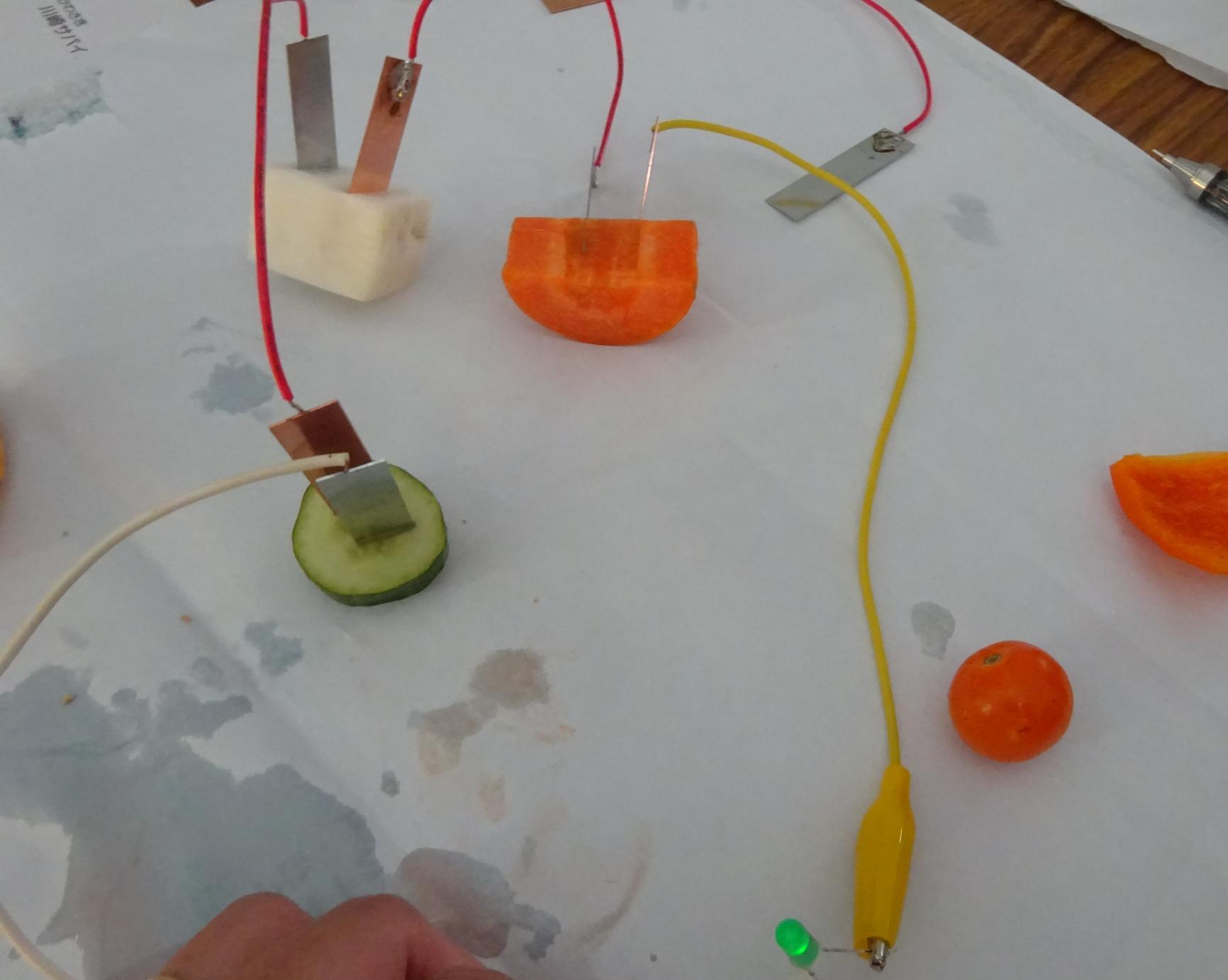野菜を電池にしてLED電球がついている写真