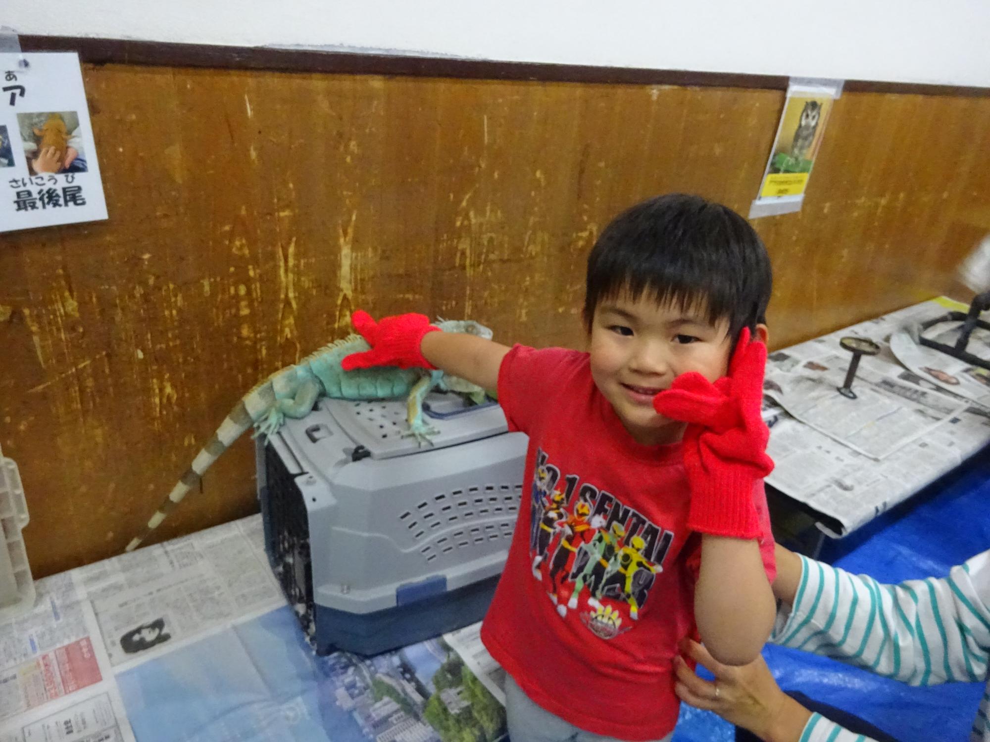 イグアナを触っている子どもの写真