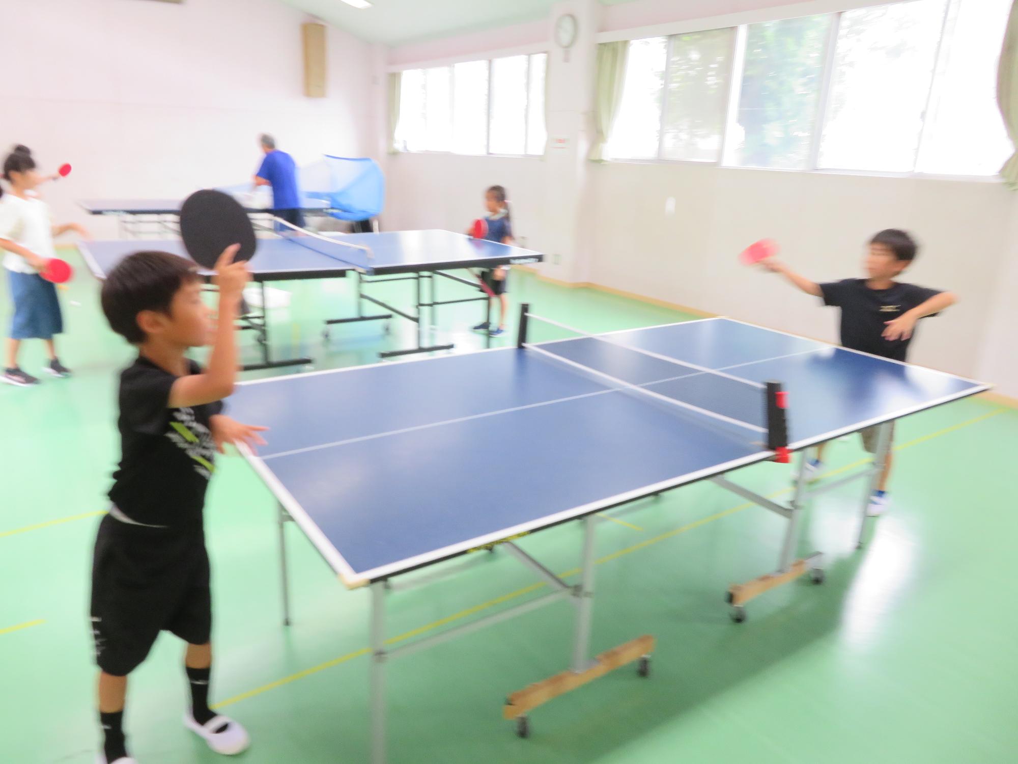 小学生児童が卓球のラリーをしている様子の写真