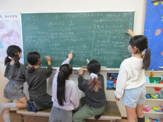 子どもたちが黒板に書いている写真