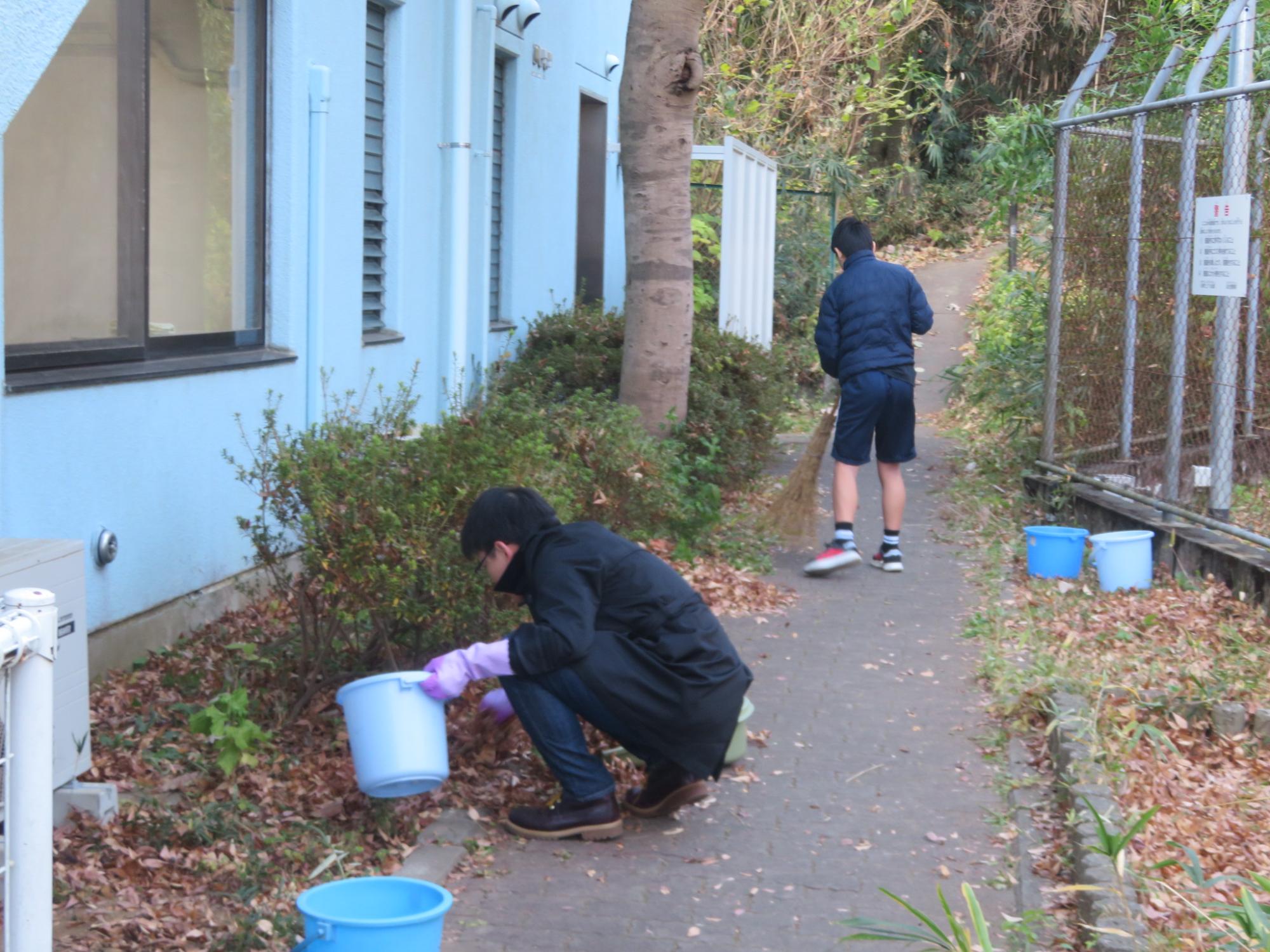 外の落ち葉を集めている写真